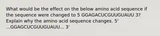 What would be the effect on the below amino acid sequence if the sequence were changed to 5 GGAGACUCGUUGUAUU 3? Explain why the amino acid sequence changes. 5' ...GGAGCUCGUUGUAUU... 3'