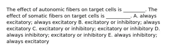 The effect of autonomic fibers on target cells is _________. The effect of somatic fibers on target cells is __________. A. always excitatory; always excitatory B. excitatory or inhibitory; always excitatory C. excitatory or inhibitory; excitatory or inhibitory D. always inhibitory; excitatory or inhibitory E. always inhibitory; always excitatory