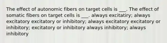 The effect of autonomic fibers on target cells is ___. The effect of somatic fibers on target cells is ___. always excitatiry; always excitatory excitatory or inhibitory; always excitatory excitatory or inhibitory; excitatory or inhibitory always inhibitory; always inhibitory