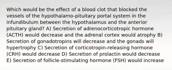 Which would be the effect of a blood clot that blocked the vessels of the hypothalamo-pituitary portal system in the infundibulum between the hypothalamus and the anterior pituitary gland? A) Secretion of adrenocorticotropic hormone (ACTH) would decrease and the adrenal cortex would atrophy B) Secretion of gonadotropins will decrease and the gonads will hypertrophy C) Secretion of corticotropin-releasing hormone (CRH) would decrease D) Secretion of prolactin would decrease E) Secretion of follicle-stimulating hormone (FSH) would increase