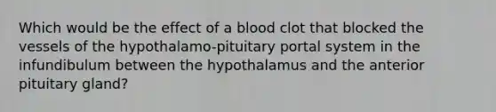 Which would be the effect of a blood clot that blocked the vessels of the hypothalamo-pituitary portal system in the infundibulum between the hypothalamus and the anterior pituitary gland?