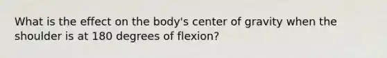 What is the effect on the body's center of gravity when the shoulder is at 180 degrees of flexion?