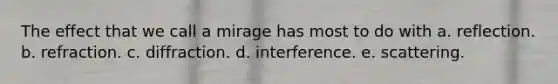 The effect that we call a mirage has most to do with a. reflection. b. refraction. c. diffraction. d. interference. e. scattering.
