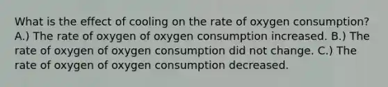 What is the effect of cooling on the rate of oxygen consumption? A.) The rate of oxygen of oxygen consumption increased. B.) The rate of oxygen of oxygen consumption did not change. C.) The rate of oxygen of oxygen consumption decreased.