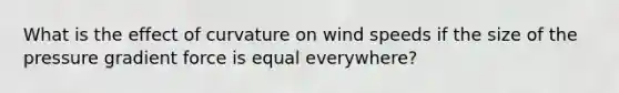 What is the effect of curvature on wind speeds if the size of the pressure gradient force is equal everywhere?