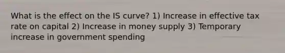 What is the effect on the IS curve? 1) Increase in effective tax rate on capital 2) Increase in money supply 3) Temporary increase in government spending