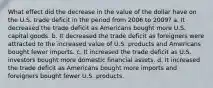 What effect did the decrease in the value of the dollar have on the U.S. trade deficit in the period from 2006 to 2009? a. It decreased the trade deficit as Americans bought more U.S. capital goods. b. It decreased the trade deficit as foreigners were attracted to the increased value of U.S. products and Americans bought fewer imports. c. It increased the trade deficit as U.S. investors bought more domestic financial assets. d. It increased the trade deficit as Americans bought more imports and foreigners bought fewer U.S. products.