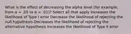 What is the effect of decreasing the alpha level (for example, from α = .05 to α = .01)? Select all that apply Increases the likelihood of Type I error Decrease the likelihood of rejecting the null hypothesis Decreases the likelihood of rejecting the alternative hypothesis Increases the likelihood of Type II error