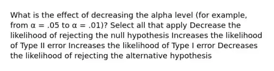 What is the effect of decreasing the alpha level (for example, from α = .05 to α = .01)? Select all that apply Decrease the likelihood of rejecting the null hypothesis Increases the likelihood of Type II error Increases the likelihood of Type I error Decreases the likelihood of rejecting the alternative hypothesis