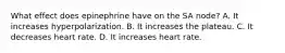 What effect does epinephrine have on the SA node? A. It increases hyperpolarization. B. It increases the plateau. C. It decreases heart rate. D. It increases heart rate.