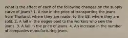 What is the effect of each of the following changes on the supply curve of jeans? 1. A rise in the price of transporting the jeans from Thailand, where they are made, to the US, where they are sold. 2. A fall in the wages paid to the workers who sew the jeans. 3. A fall in the price of jeans. 4. An increase in the number of companies manufacturing jeans.