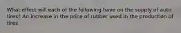 What effect will each of the following have on the supply of auto tires? An increase in the price of rubber used in the production of tires