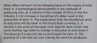 What effect will each of the following have on the supply of auto tires? A. A technological advancement in the methods of producing tires. B. A decline in the number of firms in the tire industry. C. An increase in the prices of rubber used in the production of tires. D. The expectation that the equilibrium price of auto tires will be lower in the future than currently. E. A decline in the price of the large tires used for semi trucks and earth hauling rigs (with no change in the price of auto tires) F. The levying of a per-unit tax on each auto tire sold. G. The granting of a 50 cent per unit subsidy for each tire produced.