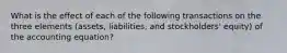 What is the effect of each of the following transactions on the three elements (assets, liabilities, and stockholders' equity) of the accounting equation?