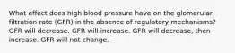 What effect does high blood pressure have on the glomerular filtration rate (GFR) in the absence of regulatory mechanisms? GFR will decrease. GFR will increase. GFR will decrease, then increase. GFR will not change.