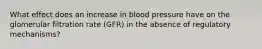 What effect does an increase in blood pressure have on the glomerular filtration rate (GFR) in the absence of regulatory mechanisms?