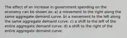 The effect of an increase in government spending on the economy can be shown as: a) a movement to the right along the same aggregate demand curve. b) a movement to the left along the same aggregate demand curve. c) a shift to the left of the entire aggregate demand curve. d) a shift to the right of the entire aggregate demand curve.