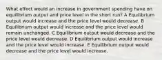 What effect would an increase in government spending have on equilibrium​ output and price level in the short run? A Equilibrium output would increase and the price level would decrease. B Equilibrium output would increase and the price level would remain unchanged. C Equilibrium output would decrease and the price level would decrease. D Equilibrium output would increase and the price level would increase. E Equilibrium output would​ decrease and the price level would increase.