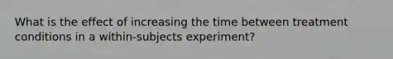 What is the effect of increasing the time between treatment conditions in a within-subjects experiment?