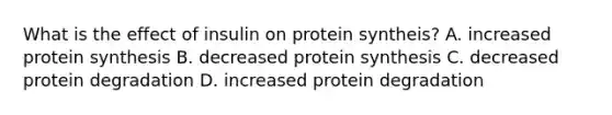 What is the effect of insulin on protein syntheis? A. increased protein synthesis B. decreased protein synthesis C. decreased protein degradation D. increased protein degradation