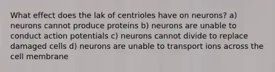 What effect does the lak of centrioles have on neurons? a) neurons cannot produce proteins b) neurons are unable to conduct action potentials c) neurons cannot divide to replace damaged cells d) neurons are unable to transport ions across the cell membrane