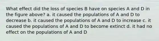 What effect did the loss of species B have on species A and D in the figure above? a. it caused the populations of A and D to decrease b. it caused the populations of A and D to increase c. it caused the populations of A and D to become extinct d. it had no effect on the populations of A and D