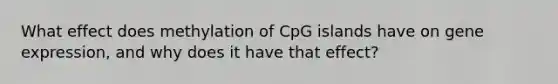 What effect does methylation of CpG islands have on gene expression, and why does it have that effect?