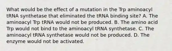 What would be the effect of a mutation in the Trp aminoacyl tRNA synthetase that eliminated the tRNA binding site? A. The aminoacyl Trp tRNA would not be produced. B. The amino acid Trp would not bind to the aminoacyl tRNA synthetase. C. The aminoacyl tRNA synthetase would not be produced. D. The enzyme would not be activated.