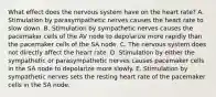 What effect does the nervous system have on the heart rate? A. Stimulation by parasympathetic nerves causes the heart rate to slow down. B. Stimulation by sympathetic nerves causes the pacemaker cells of the AV node to depolarize more rapidly than the pacemaker cells of the SA node. C. The nervous system does not directly affect the heart rate. D. Stimulation by either the sympathetic or parasympathetic nerves causes pacemaker cells in the SA node to depolarize more slowly. E. Stimulation by sympathetic nerves sets the resting heart rate of the pacemaker cells in the SA node.