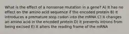 What is the effect of a nonsense mutation in a gene? A) It has no effect on the amino acid sequence if the encoded protein B) It introduces a premature stop codon into the mRNA C) It changes an amino acid in the encoded protein D) It prevents introns from being excised E) It alters the reading frame of the mRNA