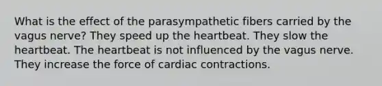 What is the effect of the parasympathetic fibers carried by the vagus nerve? They speed up the heartbeat. They slow the heartbeat. The heartbeat is not influenced by the vagus nerve. They increase the force of cardiac contractions.