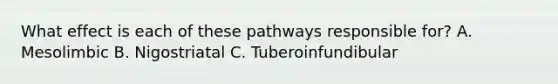 What effect is each of these pathways responsible for? A. Mesolimbic B. Nigostriatal C. Tuberoinfundibular