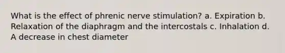 What is the effect of phrenic nerve stimulation? a. Expiration b. Relaxation of the diaphragm and the intercostals c. Inhalation d. A decrease in chest diameter