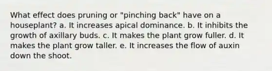 What effect does pruning or "pinching back" have on a houseplant? a. It increases apical dominance. b. It inhibits the growth of axillary buds. c. It makes the plant grow fuller. d. It makes the plant grow taller. e. It increases the flow of auxin down the shoot.