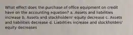 What effect does the purchase of office equipment on credit have on the accounting equation? a. Assets and liabilities increase b. Assets and stockholders' equity decrease c. Assets and liabilities decrease d. Liabilities increase and stockholders' equity decreases