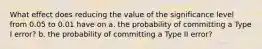 What effect does reducing the value of the significance level from 0.05 to 0.01 have on a. the probability of committing a Type I error? b. the probability of committing a Type II error?