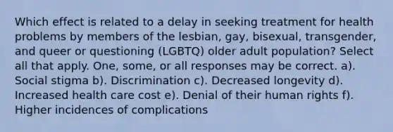 Which effect is related to a delay in seeking treatment for health problems by members of the lesbian, gay, bisexual, transgender, and queer or questioning (LGBTQ) older adult population? Select all that apply. One, some, or all responses may be correct. a). Social stigma b). Discrimination c). Decreased longevity d). Increased health care cost e). Denial of their human rights f). Higher incidences of complications