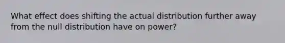 What effect does shifting the actual distribution further away from the null distribution have on power?