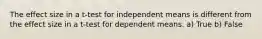 The effect size in a t-test for independent means is different from the effect size in a t-test for dependent means. a) True b) False