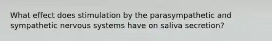 What effect does stimulation by the parasympathetic and sympathetic nervous systems have on saliva secretion?