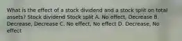 What is the effect of a stock dividend and a stock split on total​ assets? Stock dividend Stock split A. No effect, Decrease B. Decrease, Decrease C. No effect, No effect D. Decrease, No effect