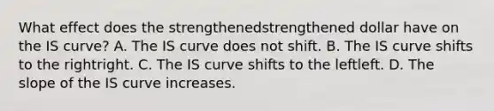 What effect does the strengthenedstrengthened dollar have on the IS​ curve? A. The IS curve does not shift. B. The IS curve shifts to the rightright. C. The IS curve shifts to the leftleft. D. The slope of the IS curve increases.