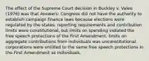 The effect of the Supreme Court decision in Buckley v. Valeo (1976) was that Answers: Congress did not have the authority to establish campaign finance laws because elections were regulated by the states. reporting requirements and contribution limits were constitutional, but limits on spending violated the free speech protections of the First Amendment. limits on aggregate contributions from individuals was unconstitutional. corporations were entitled to the same free speech protections in the First Amendment as individuals.