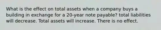 What is the effect on total assets when a company buys a building in exchange for a 20-year note payable? total liabilities will decrease. Total assets will increase. There is no effect.