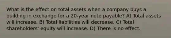 What is the effect on total assets when a company buys a building in exchange for a 20-year note payable? A) Total assets will increase. B) Total liabilities will decrease. C) Total shareholders' equity will increase. D) There is no effect.