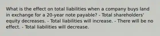 What is the effect on total liabilities when a company buys land in exchange for a 20-year note payable? - Total shareholders' equity decreases. - Total liabilities will increase. - There will be no effect. - Total liabilities will decrease.