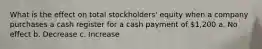 What is the effect on total stockholders' equity when a company purchases a cash register for a cash payment of 1,200 a. No effect b. Decrease c. Increase