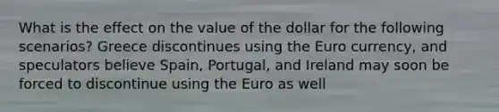 What is the effect on the value of the dollar for the following scenarios? Greece discontinues using the Euro currency, and speculators believe Spain, Portugal, and Ireland may soon be forced to discontinue using the Euro as well