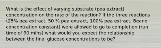 What is the effect of varying substrate (pea extract) concentration on the rate of the reaction? If the three reactions (25% pea extract, 50 % pea extract, 100% pea extract, Beano concentration constant) were allowed to go to completion (run time of 90 mins) what would you expect the relationship between the final glucose concentrations to be?