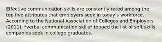 Effective communication skills are constantly rated among the top five attributes that employers seek in today's workforce. According to the National Association of Colleges and Employers (2011), *verbal communication skills* topped the list of soft skills companies seek in college graduates.